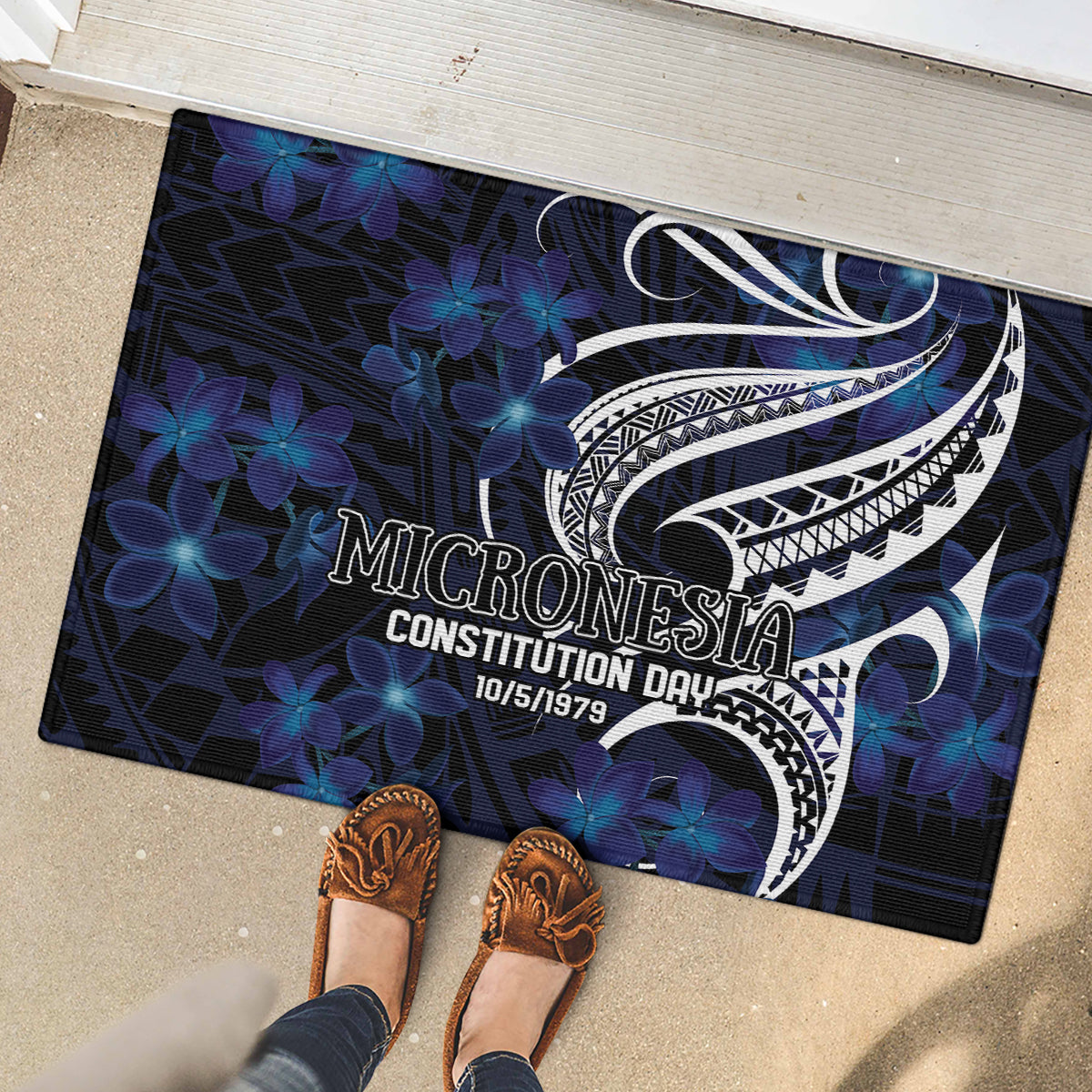 Micronesia Constitution Day Rubber Doormat Since 1979 with Polynesian Hibiscus Pattern LT9 - Polynesian Pride