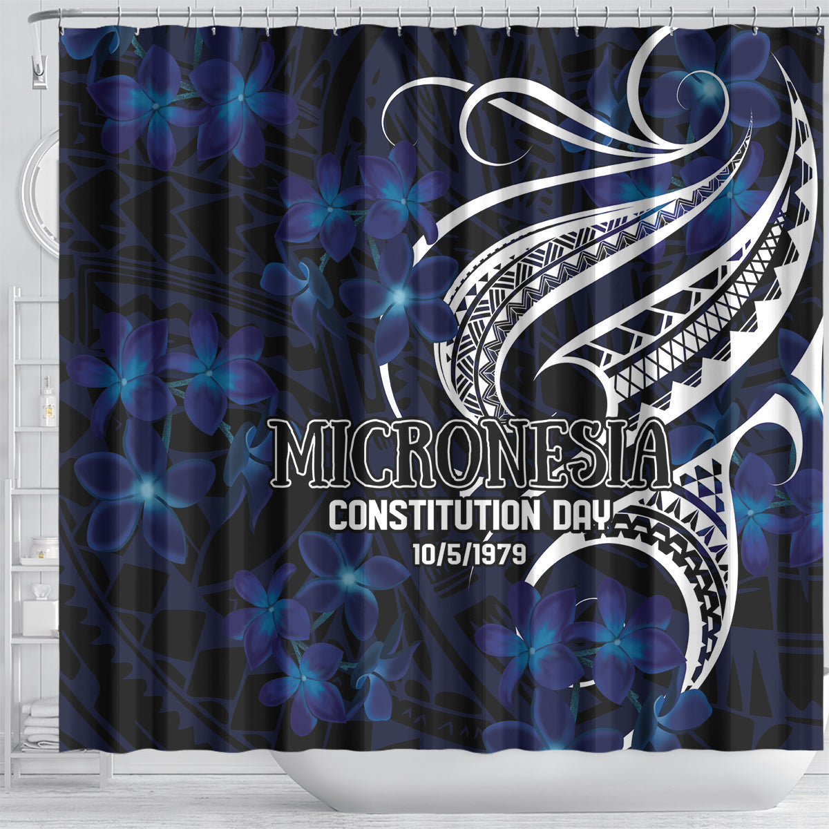 Micronesia Constitution Day Shower Curtain Since 1979 with Polynesian Hibiscus Pattern