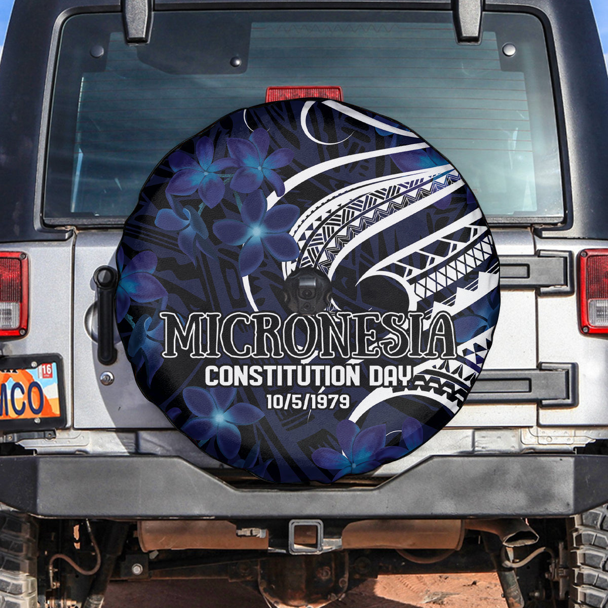 Micronesia Constitution Day Spare Tire Cover Since 1979 with Polynesian Hibiscus Pattern LT9 Blue - Polynesian Pride