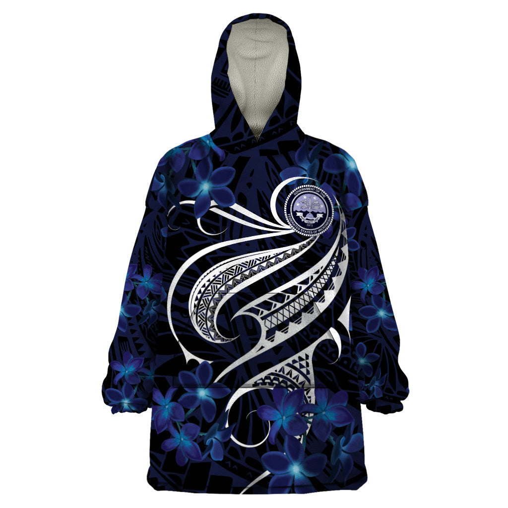 Micronesia Constitution Day Wearable Blanket Hoodie Since 1979 with Polynesian Hibiscus Pattern