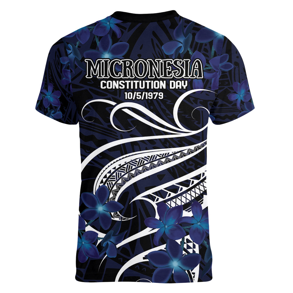 Micronesia Constitution Day Women V Neck T Shirt Since 1979 with Polynesian Hibiscus Pattern