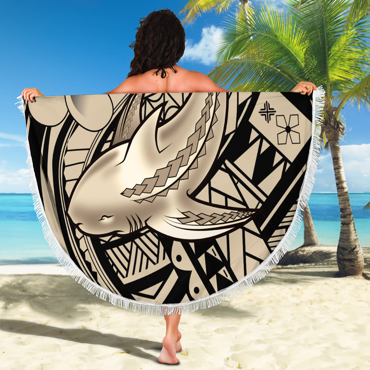 Polynesian Shark Tribal Tattoo Beach Blanket Beige Style LT9 - Polynesian Pride