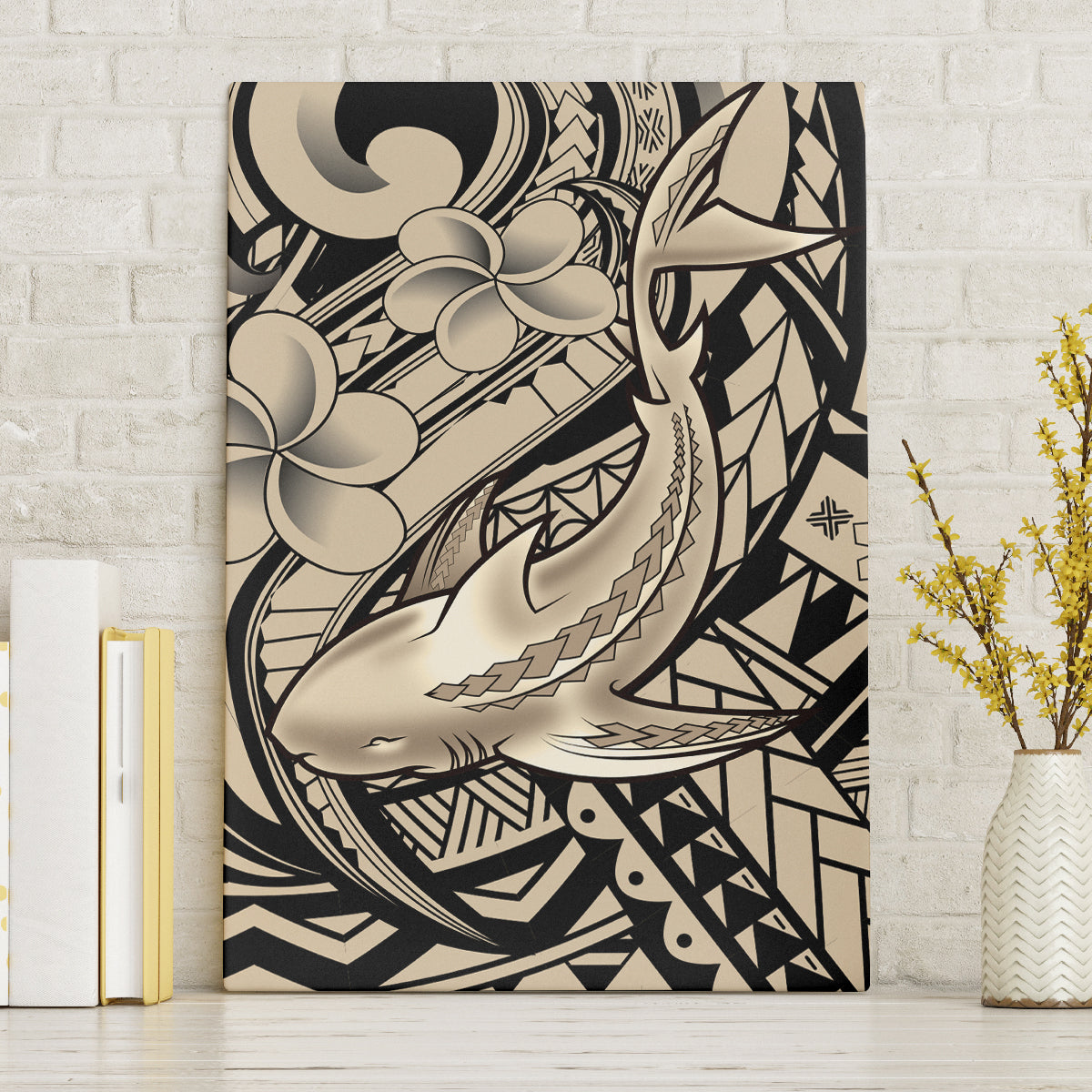 Polynesian Shark Tribal Tattoo Canvas Wall Art Beige Style LT9 Without Frame Beige - Polynesian Pride