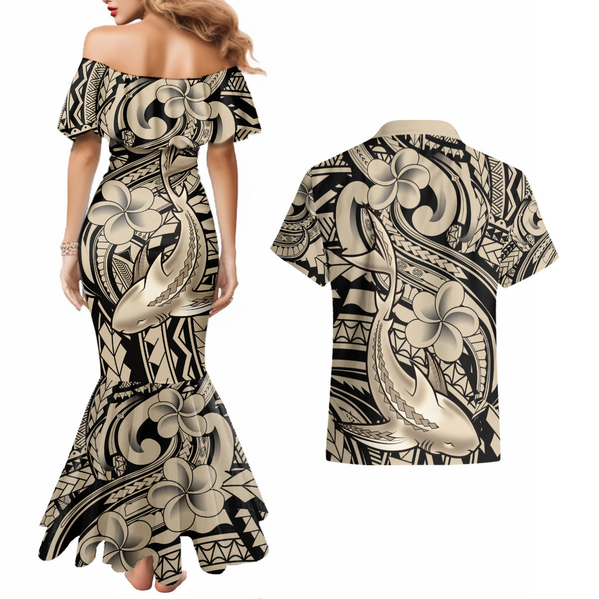 Polynesian Shark Tribal Tattoo Couples Matching Mermaid Dress and Hawaiian Shirt Beige Style