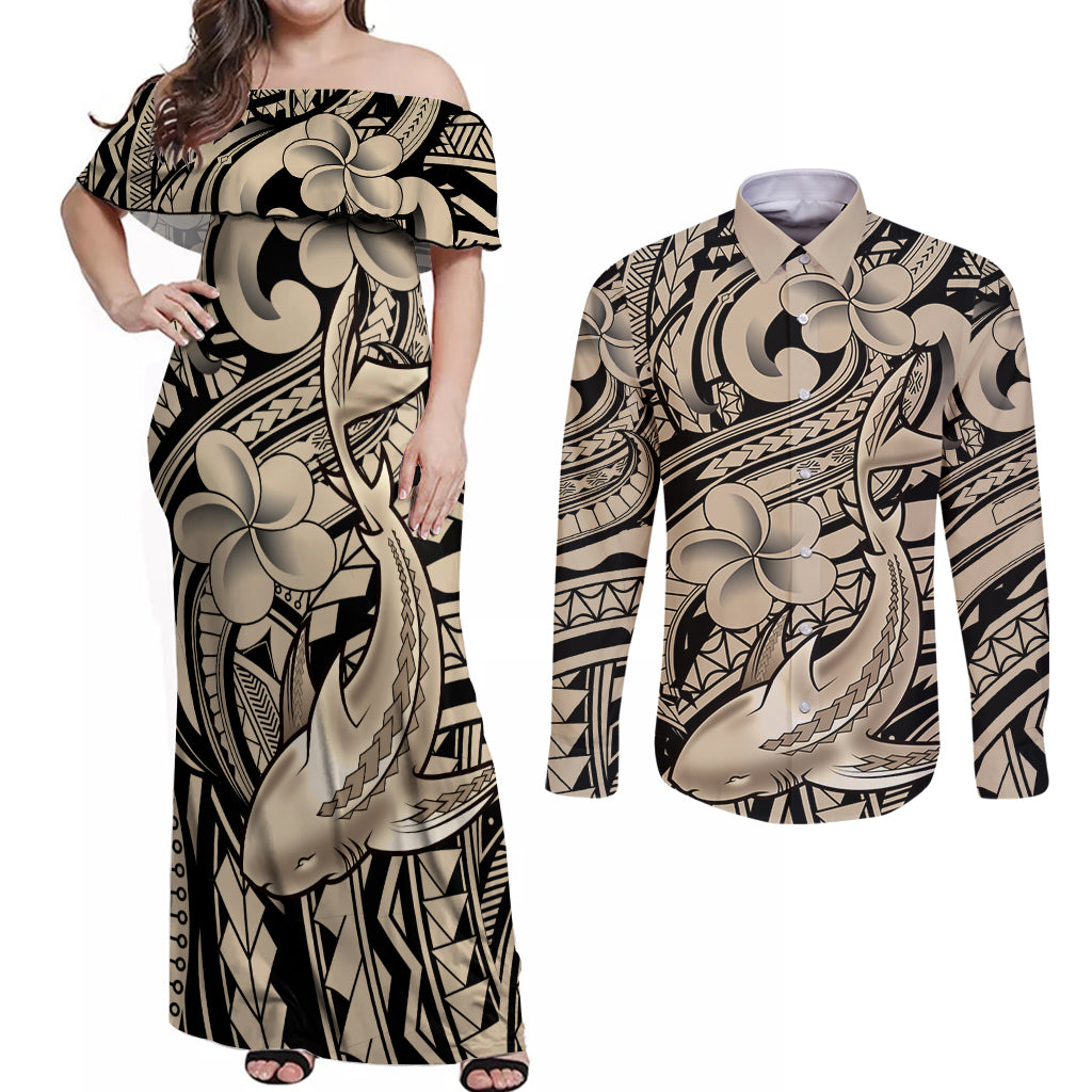 Polynesian Shark Tribal Tattoo Couples Matching Off Shoulder Maxi Dress and Long Sleeve Button Shirt Beige Style LT9 Beige - Polynesian Pride