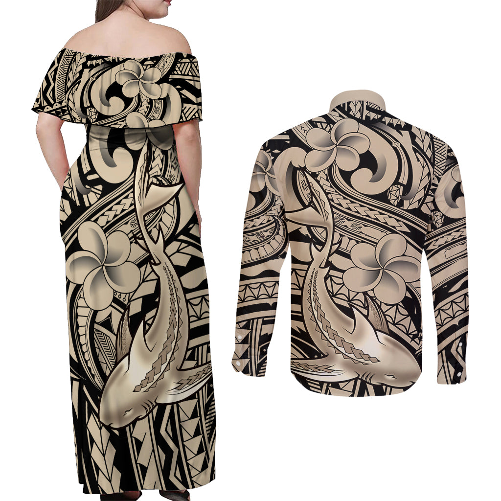 Polynesian Shark Tribal Tattoo Couples Matching Off Shoulder Maxi Dress and Long Sleeve Button Shirt Beige Style LT9 - Polynesian Pride