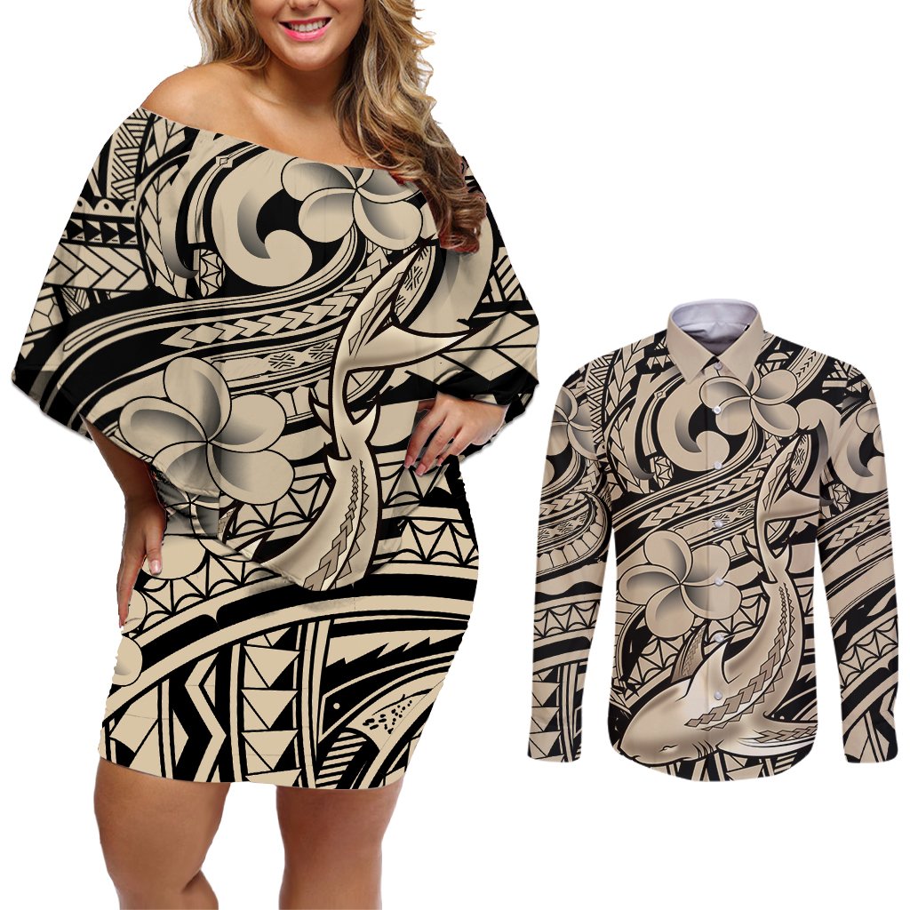 Polynesian Shark Tribal Tattoo Couples Matching Off Shoulder Short Dress and Long Sleeve Button Shirt Beige Style