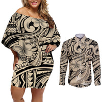 Polynesian Shark Tribal Tattoo Couples Matching Off Shoulder Short Dress and Long Sleeve Button Shirt Beige Style