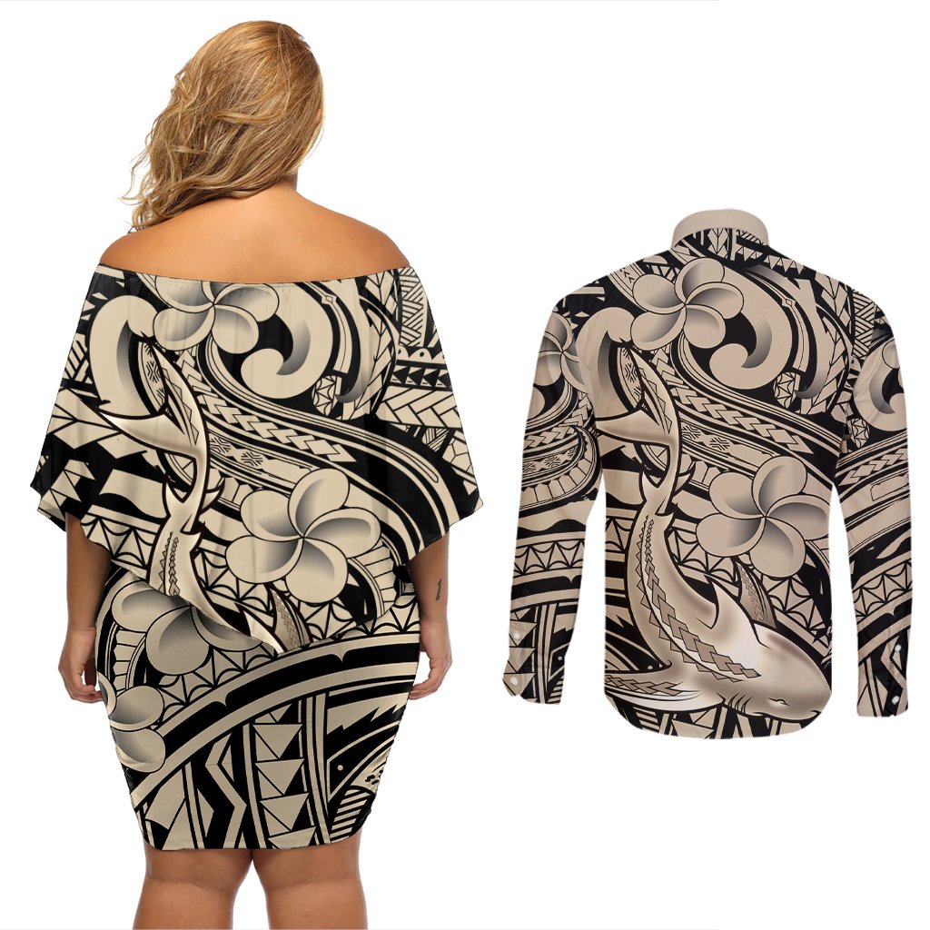 Polynesian Shark Tribal Tattoo Couples Matching Off Shoulder Short Dress and Long Sleeve Button Shirt Beige Style
