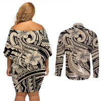 Polynesian Shark Tribal Tattoo Couples Matching Off Shoulder Short Dress and Long Sleeve Button Shirt Beige Style