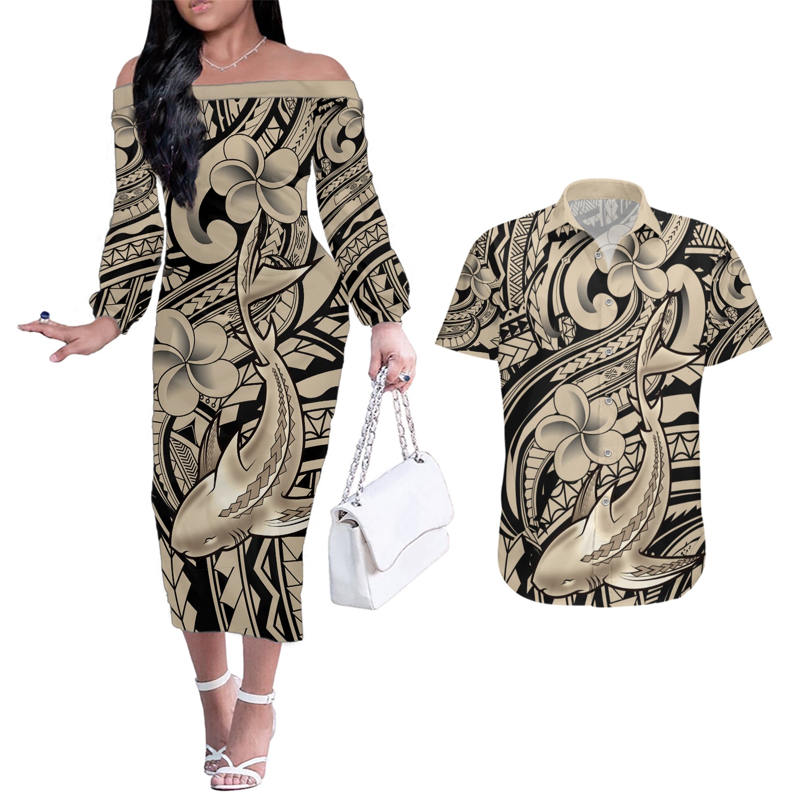 Polynesian Shark Tribal Tattoo Couples Matching Off The Shoulder Long Sleeve Dress and Hawaiian Shirt Beige Style LT9 Beige - Polynesian Pride