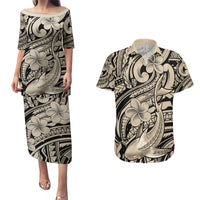 Polynesian Shark Tribal Tattoo Couples Matching Puletasi and Hawaiian Shirt Beige Style LT9 Beige - Polynesian Pride