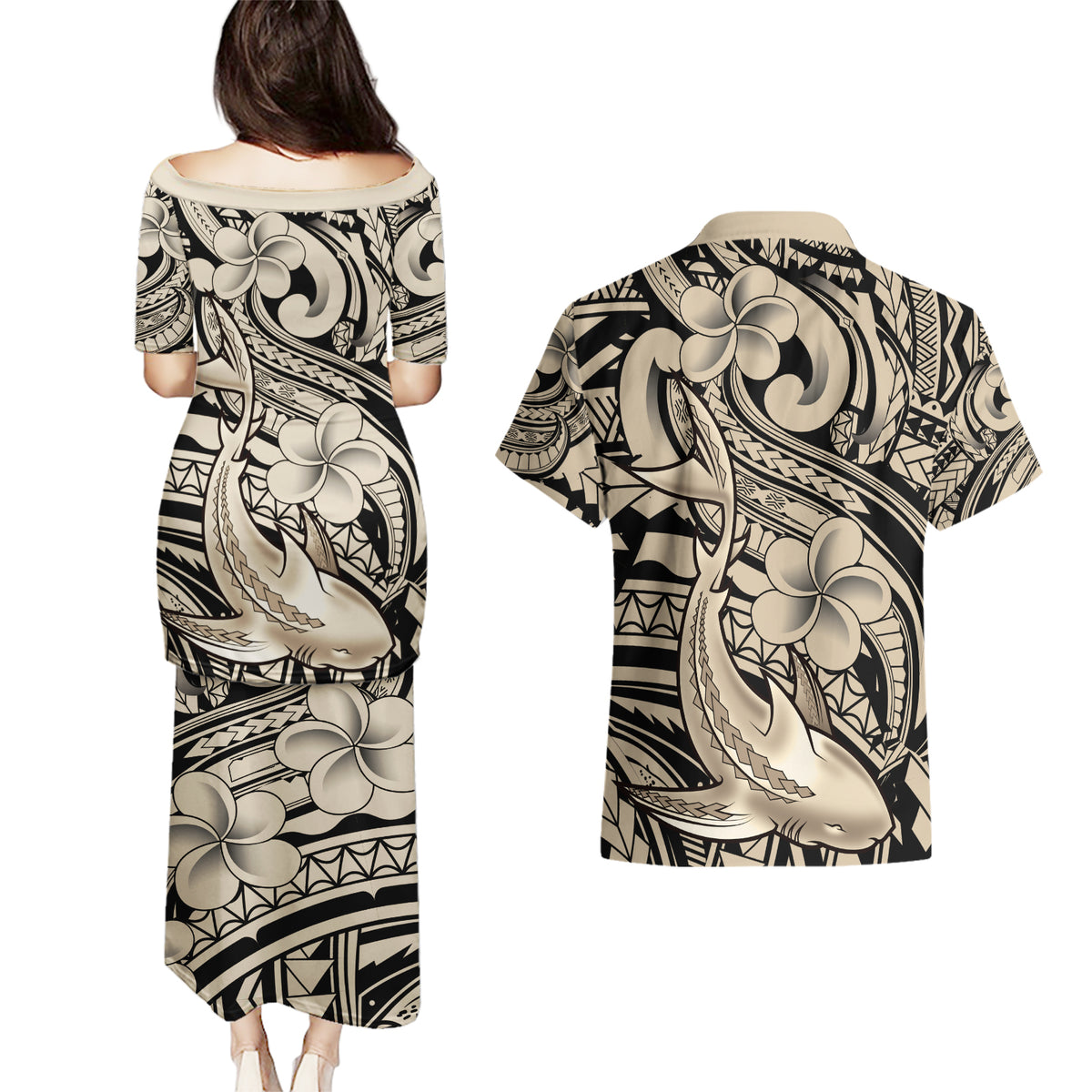 Polynesian Shark Tribal Tattoo Couples Matching Puletasi and Hawaiian Shirt Beige Style LT9 - Polynesian Pride