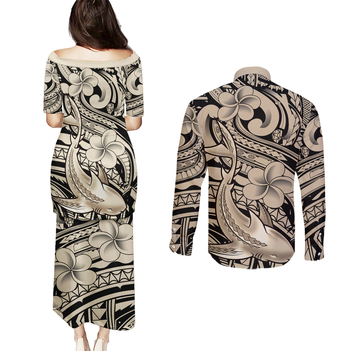 Polynesian Shark Tribal Tattoo Couples Matching Puletasi and Long Sleeve Button Shirt Beige Style LT9 - Polynesian Pride