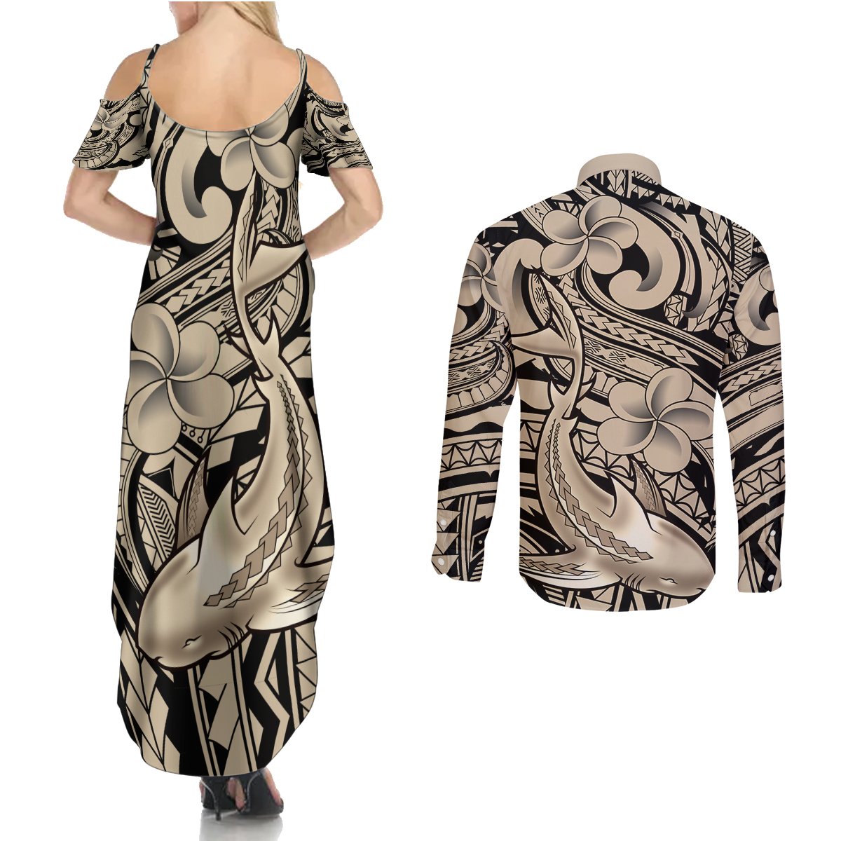 Polynesian Shark Tribal Tattoo Couples Matching Summer Maxi Dress and Long Sleeve Button Shirt Beige Style LT9 - Polynesian Pride