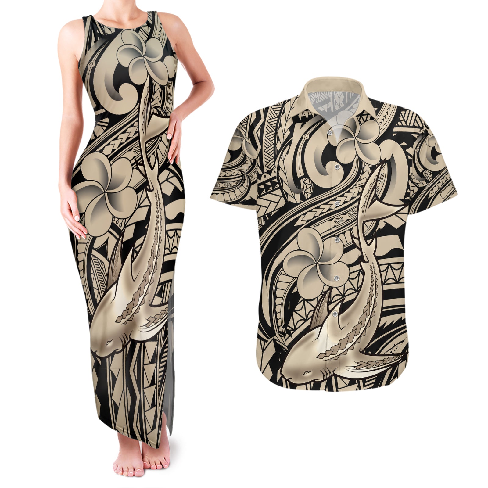 Polynesian Shark Tribal Tattoo Couples Matching Tank Maxi Dress and Hawaiian Shirt Beige Style LT9 Beige - Polynesian Pride