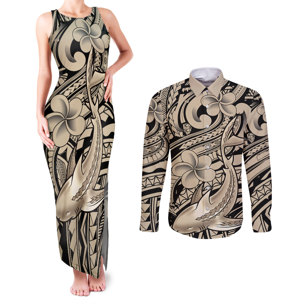 Polynesian Shark Tribal Tattoo Couples Matching Tank Maxi Dress and Long Sleeve Button Shirt Beige Style LT9 Beige - Polynesian Pride