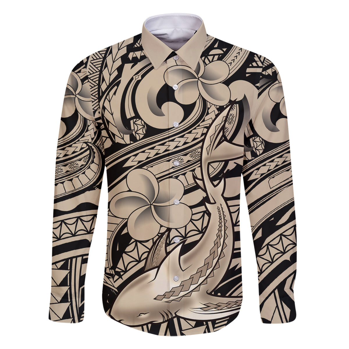 Polynesian Shark Tribal Tattoo Family Matching Long Sleeve Bodycon Dress and Hawaiian Shirt Beige Style