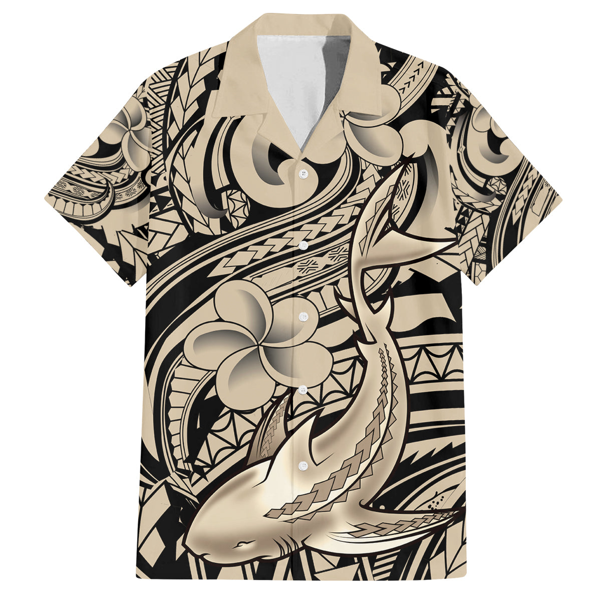 Polynesian Shark Tribal Tattoo Family Matching Off The Shoulder Long Sleeve Dress and Hawaiian Shirt Beige Style