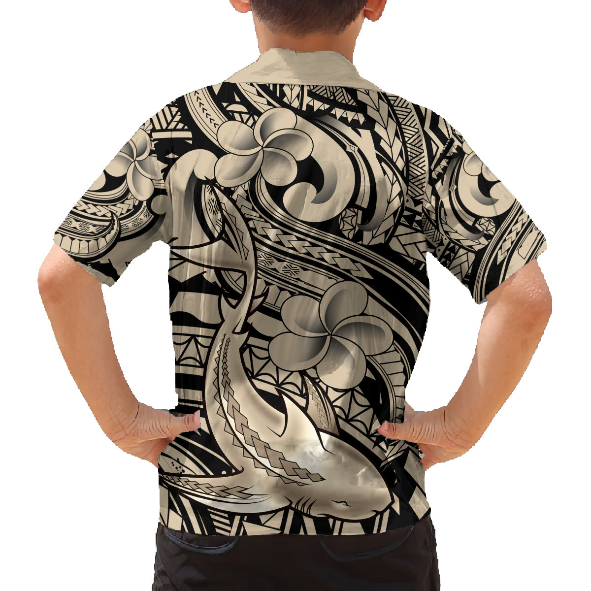 Polynesian Shark Tribal Tattoo Family Matching Off Shoulder Short Dress and Hawaiian Shirt Beige Style