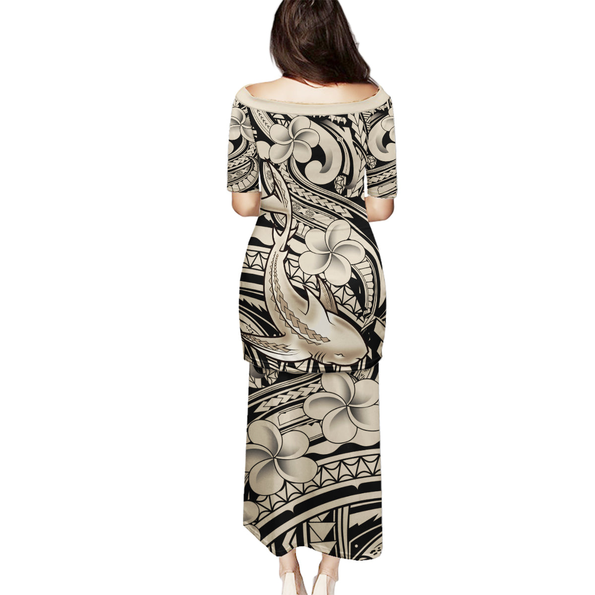 Polynesian Shark Tribal Tattoo Family Matching Puletasi and Hawaiian Shirt Beige Style