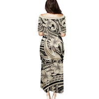 Polynesian Shark Tribal Tattoo Family Matching Puletasi and Hawaiian Shirt Beige Style