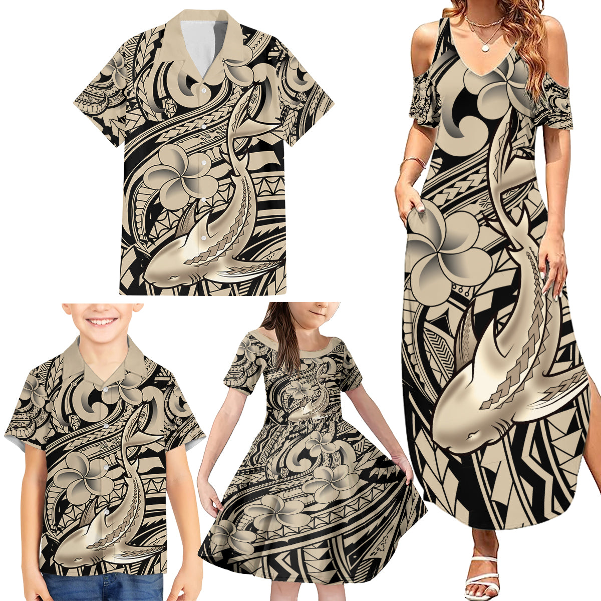 Polynesian Shark Tribal Tattoo Family Matching Summer Maxi Dress and Hawaiian Shirt Beige Style LT9 - Polynesian Pride
