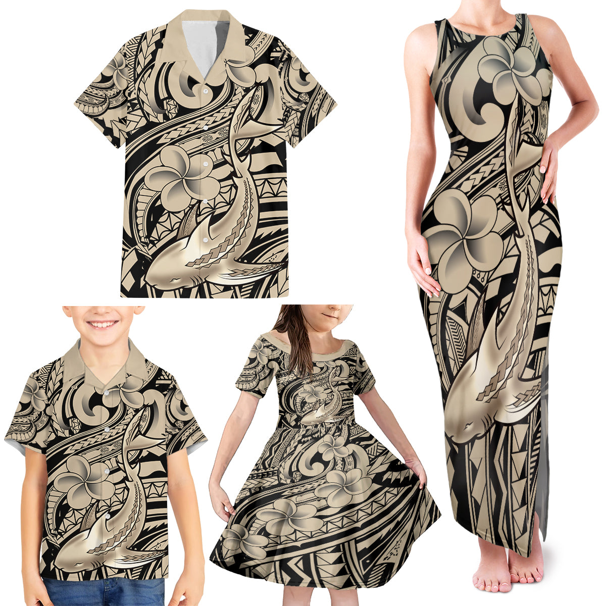 Polynesian Shark Tribal Tattoo Family Matching Tank Maxi Dress and Hawaiian Shirt Beige Style