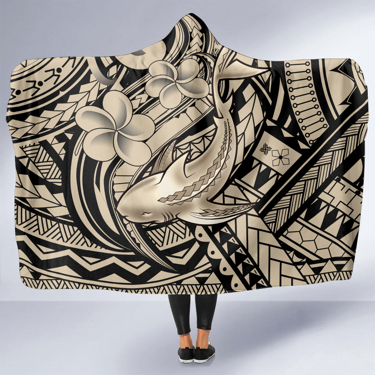 Polynesian Shark Tribal Tattoo Hooded Blanket Beige Style LT9 - Polynesian Pride