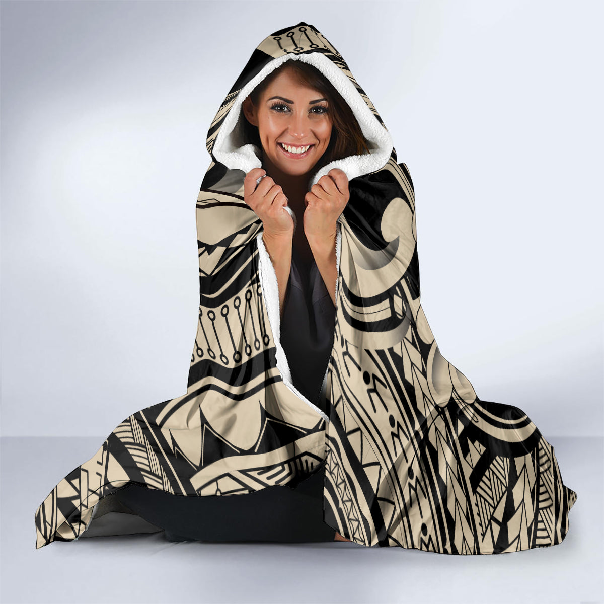 Polynesian Shark Tribal Tattoo Hooded Blanket Beige Style LT9 - Polynesian Pride