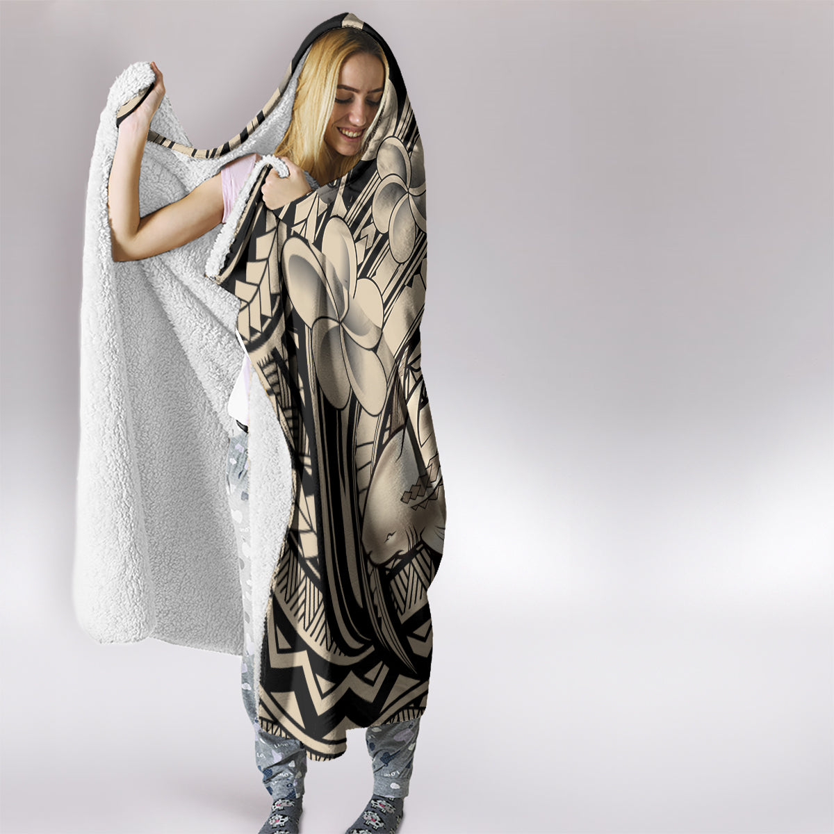 Polynesian Shark Tribal Tattoo Hooded Blanket Beige Style LT9 - Polynesian Pride