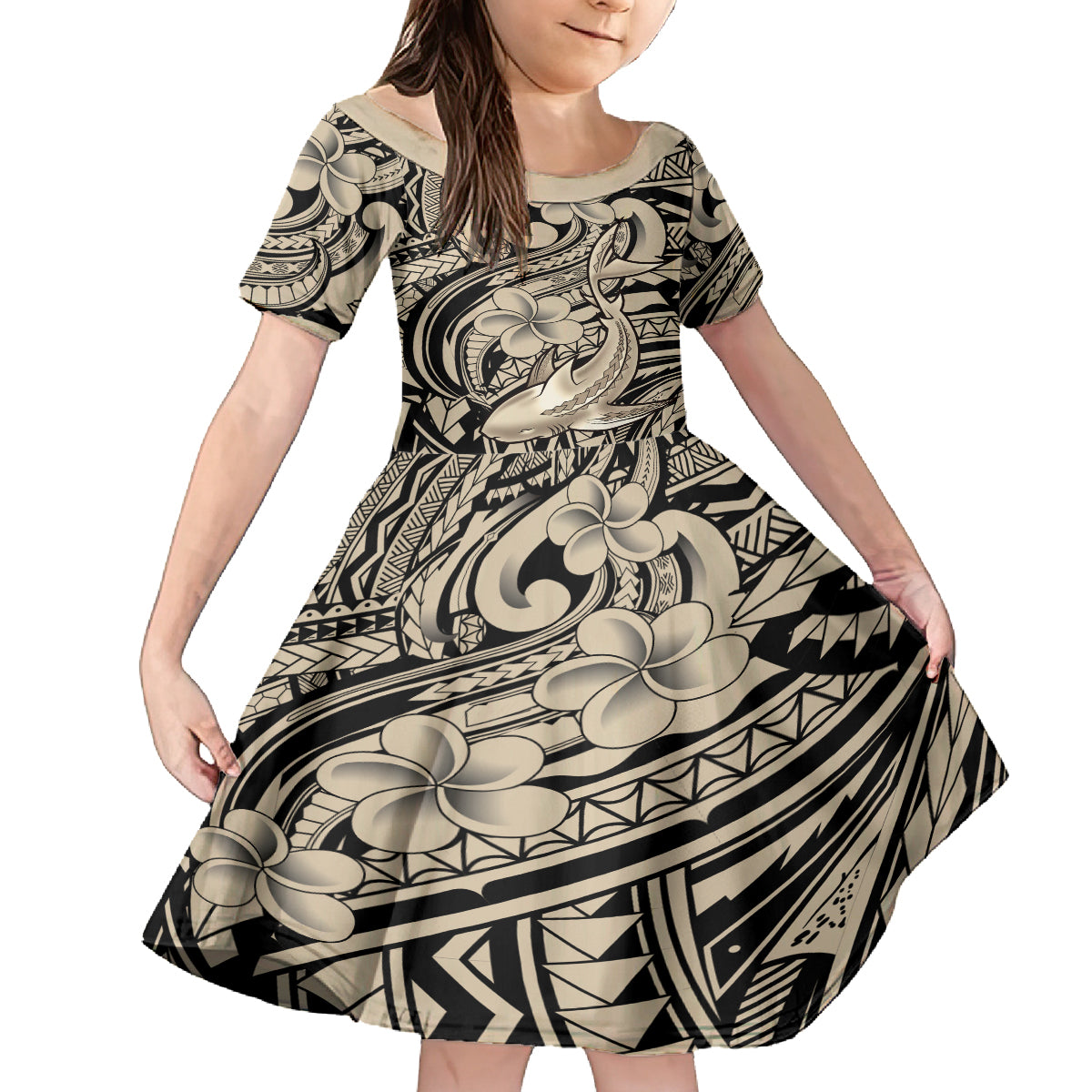 Polynesian Shark Tribal Tattoo Kid Short Sleeve Dress Beige Style
