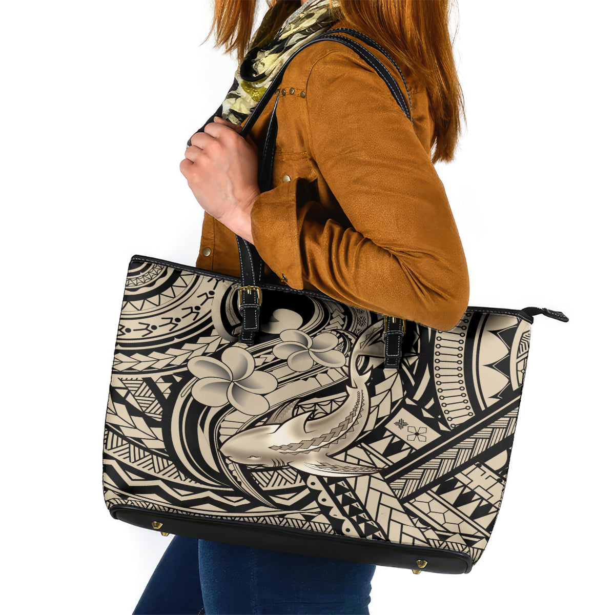 Polynesian Shark Tribal Tattoo Leather Tote Bag Beige Style LT9 Beige - Polynesian Pride