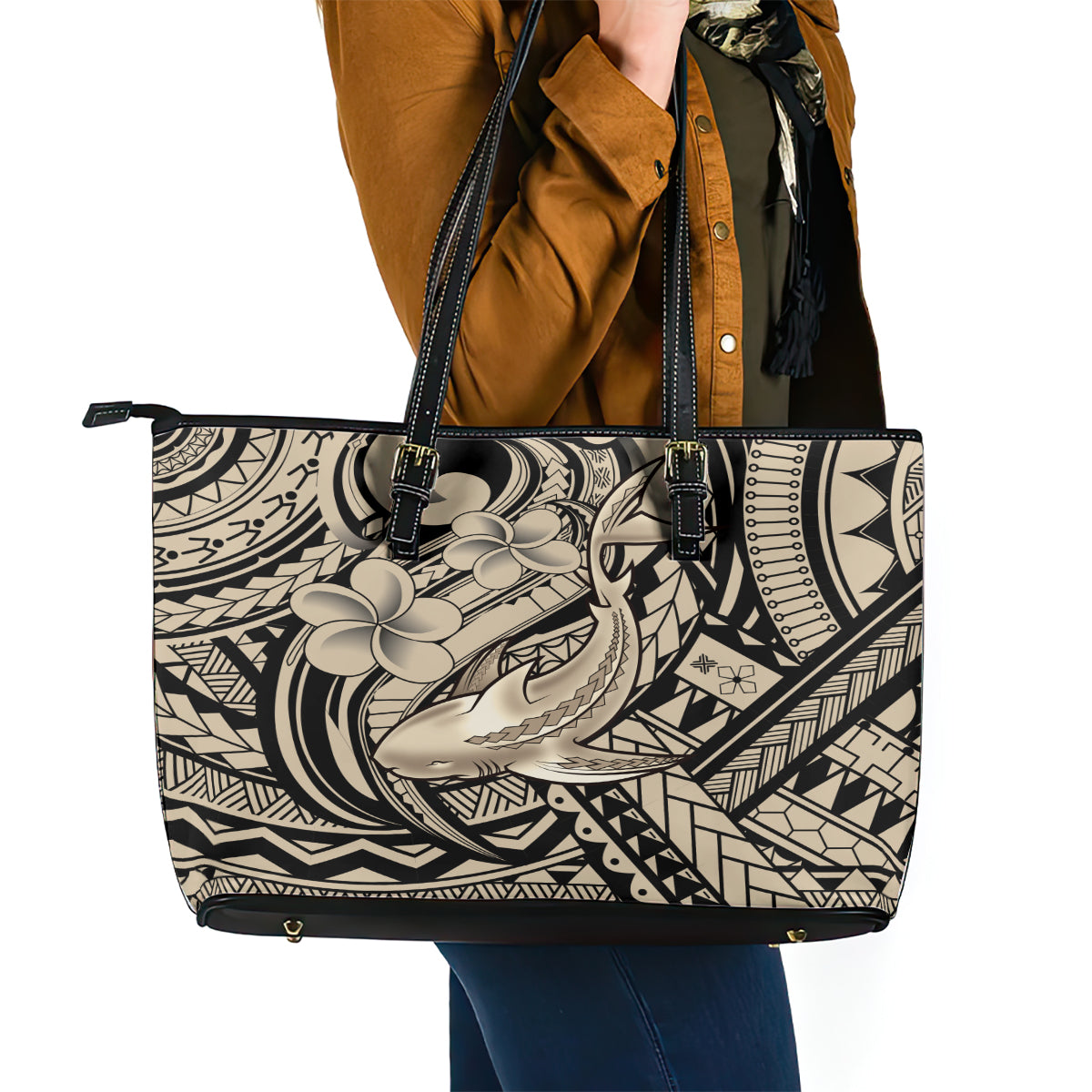 Polynesian Shark Tribal Tattoo Leather Tote Bag Beige Style LT9 - Polynesian Pride