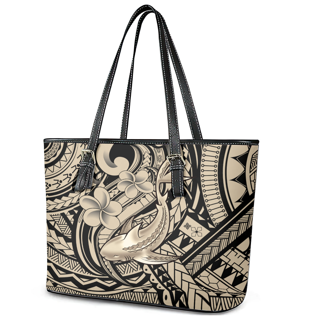 Polynesian Shark Tribal Tattoo Leather Tote Bag Beige Style LT9 - Polynesian Pride