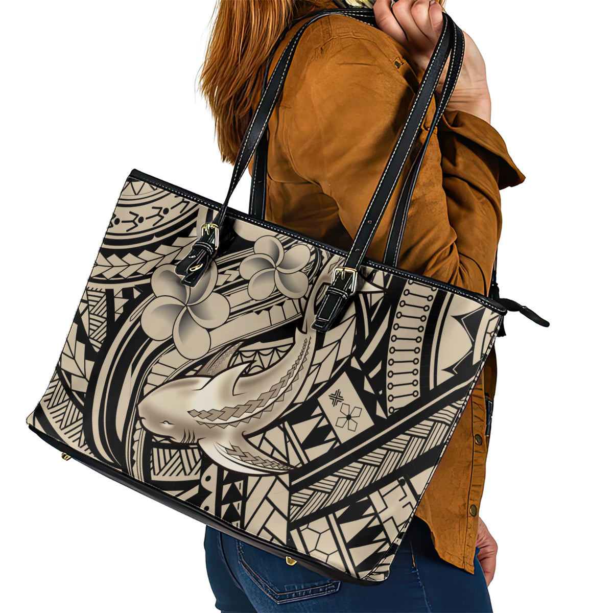 Polynesian Shark Tribal Tattoo Leather Tote Bag Beige Style LT9 - Polynesian Pride