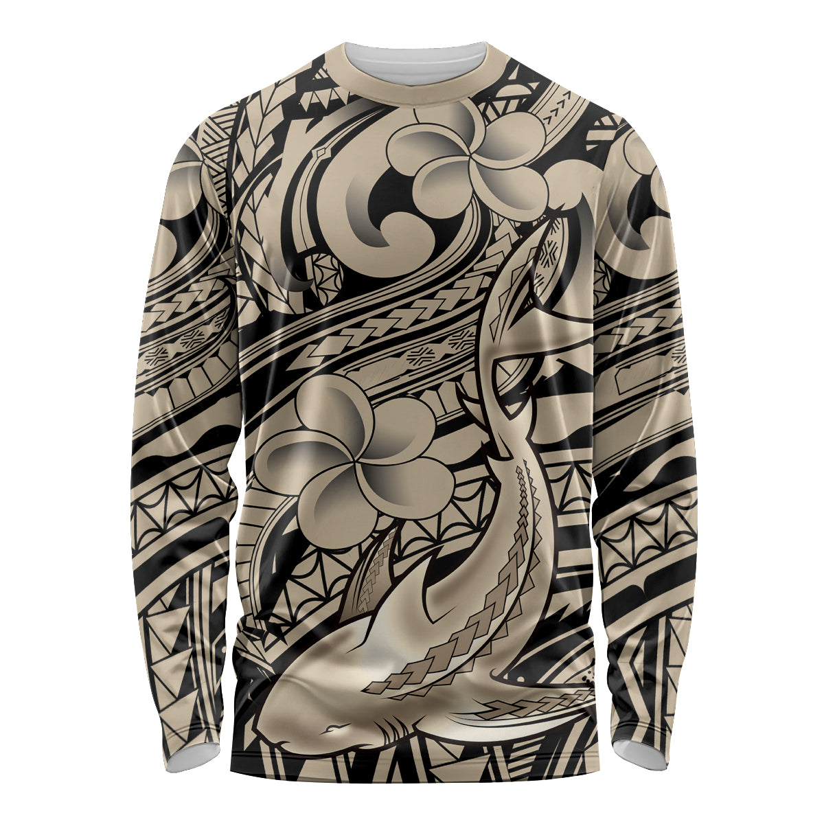 Polynesian Shark Tribal Tattoo Long Sleeve Shirt Beige Style