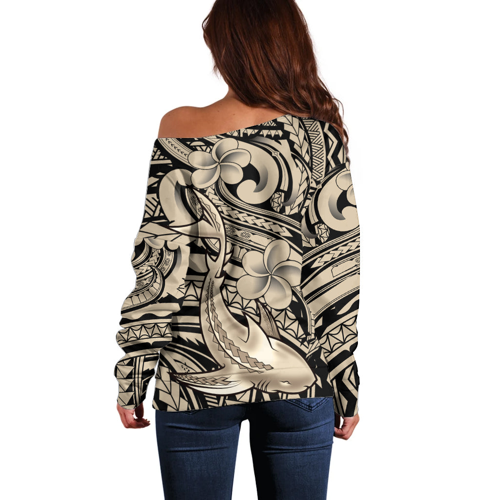 Polynesian Shark Tribal Tattoo Off Shoulder Sweater Beige Style