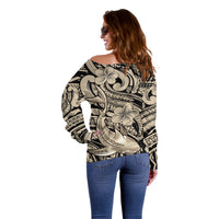 Polynesian Shark Tribal Tattoo Off Shoulder Sweater Beige Style