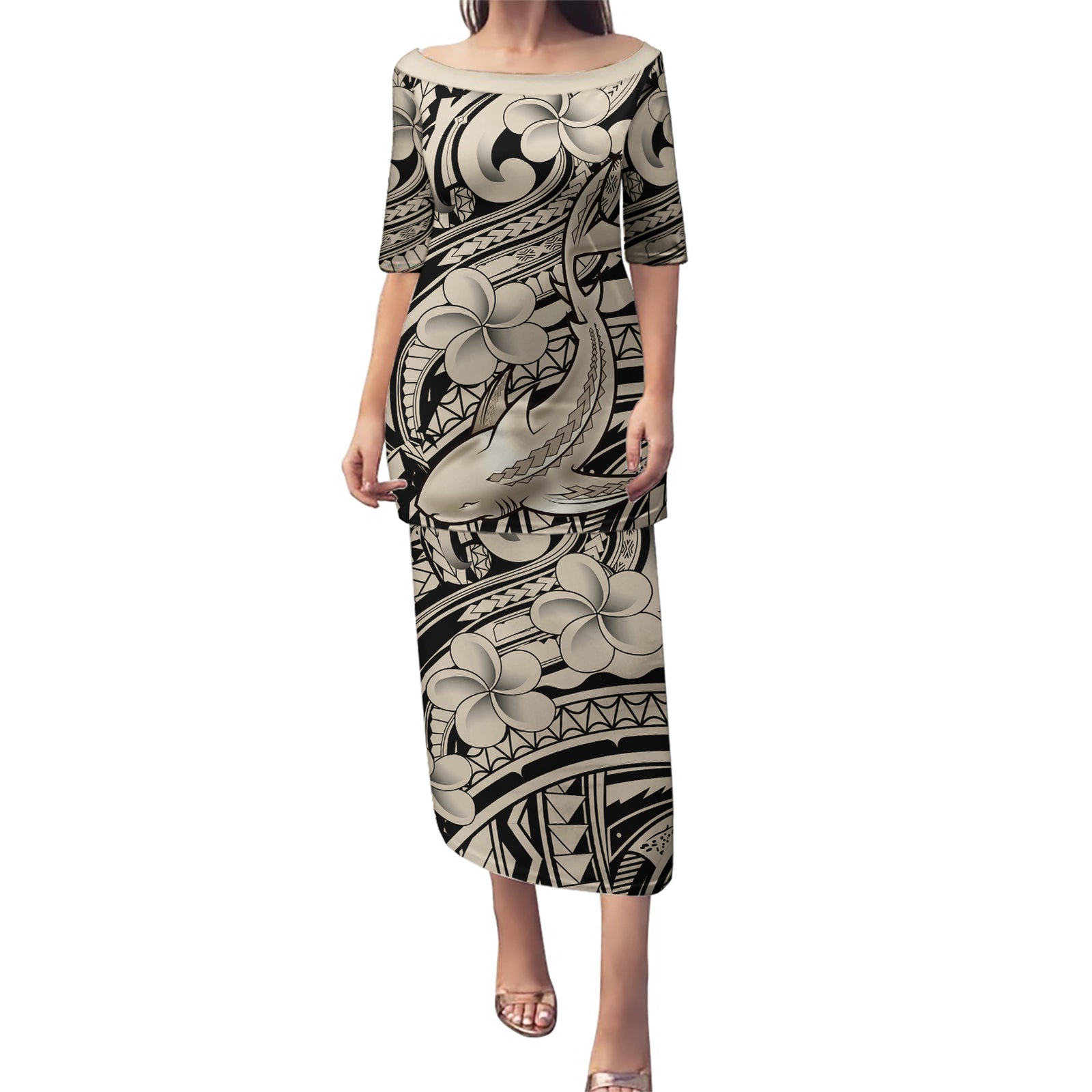 Polynesian Shark Tribal Tattoo Puletasi Beige Style LT9 Long Dress Beige - Polynesian Pride