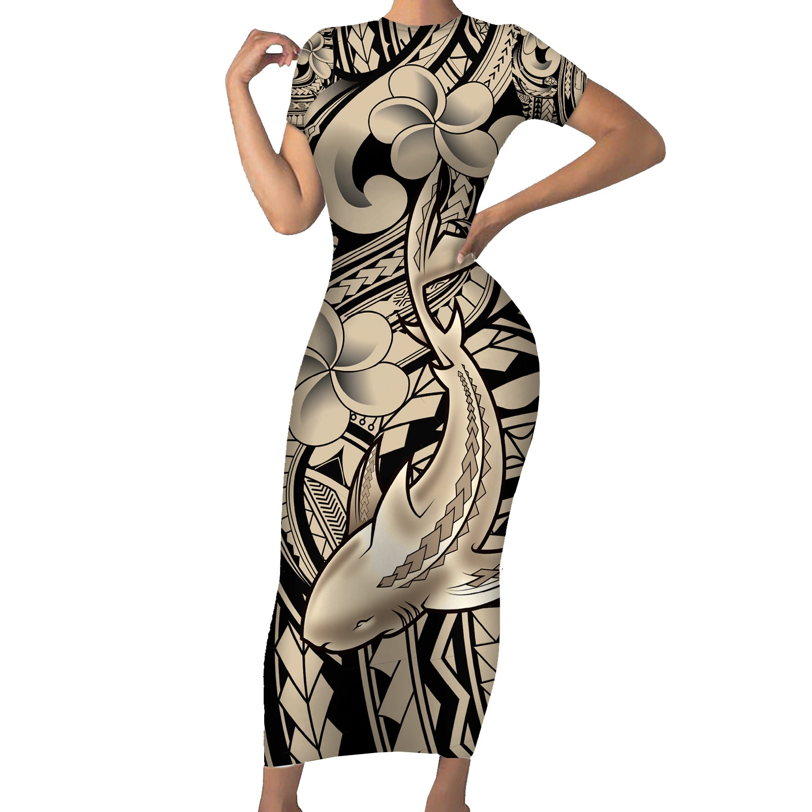 Polynesian Shark Tribal Tattoo Short Sleeve Bodycon Dress Beige Style