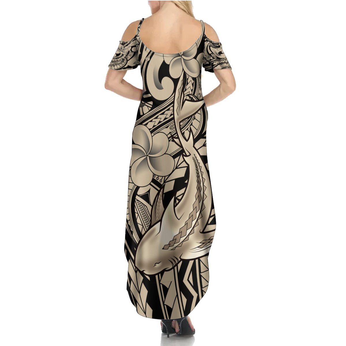 Polynesian Shark Tribal Tattoo Summer Maxi Dress Beige Style LT9 - Polynesian Pride