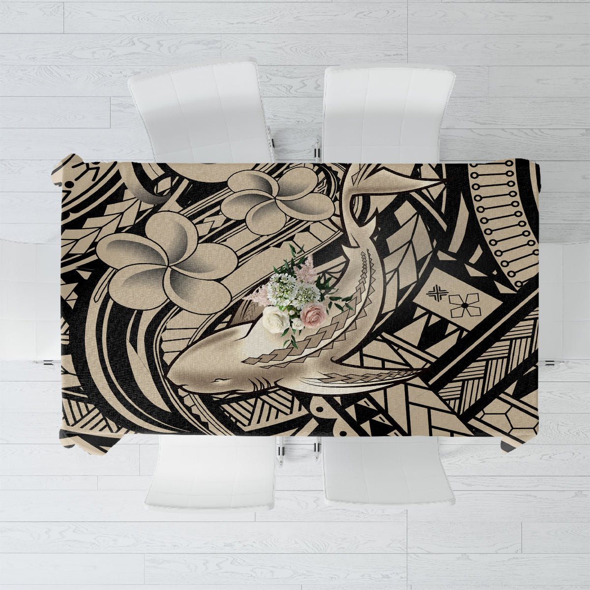 Polynesian Shark Tribal Tattoo Tablecloth Beige Style LT9 Beige - Polynesian Pride