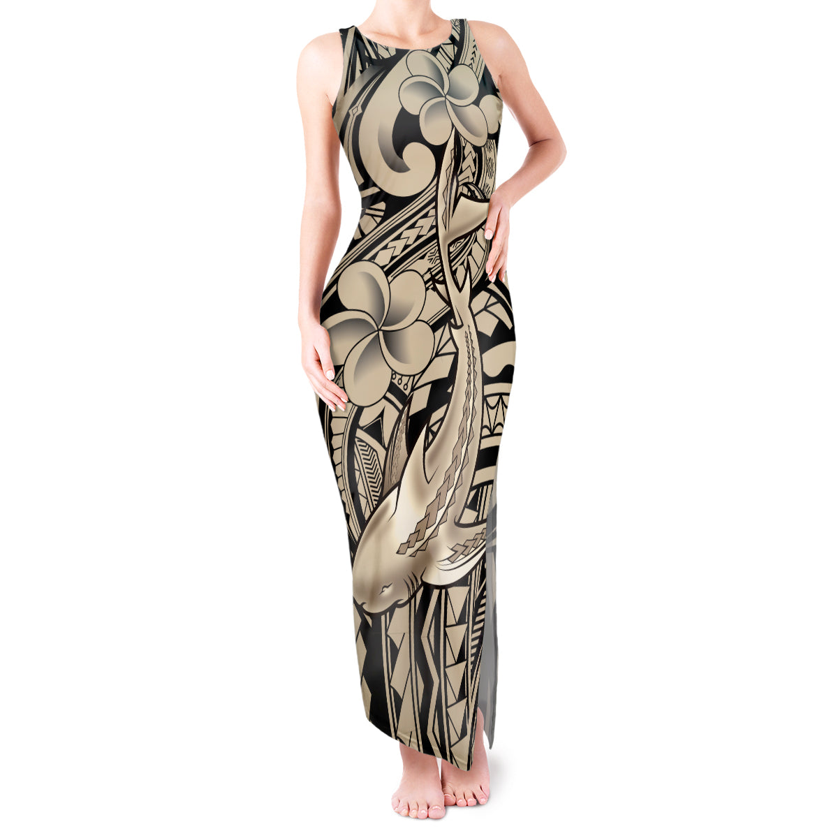 Polynesian Shark Tribal Tattoo Tank Maxi Dress Beige Style