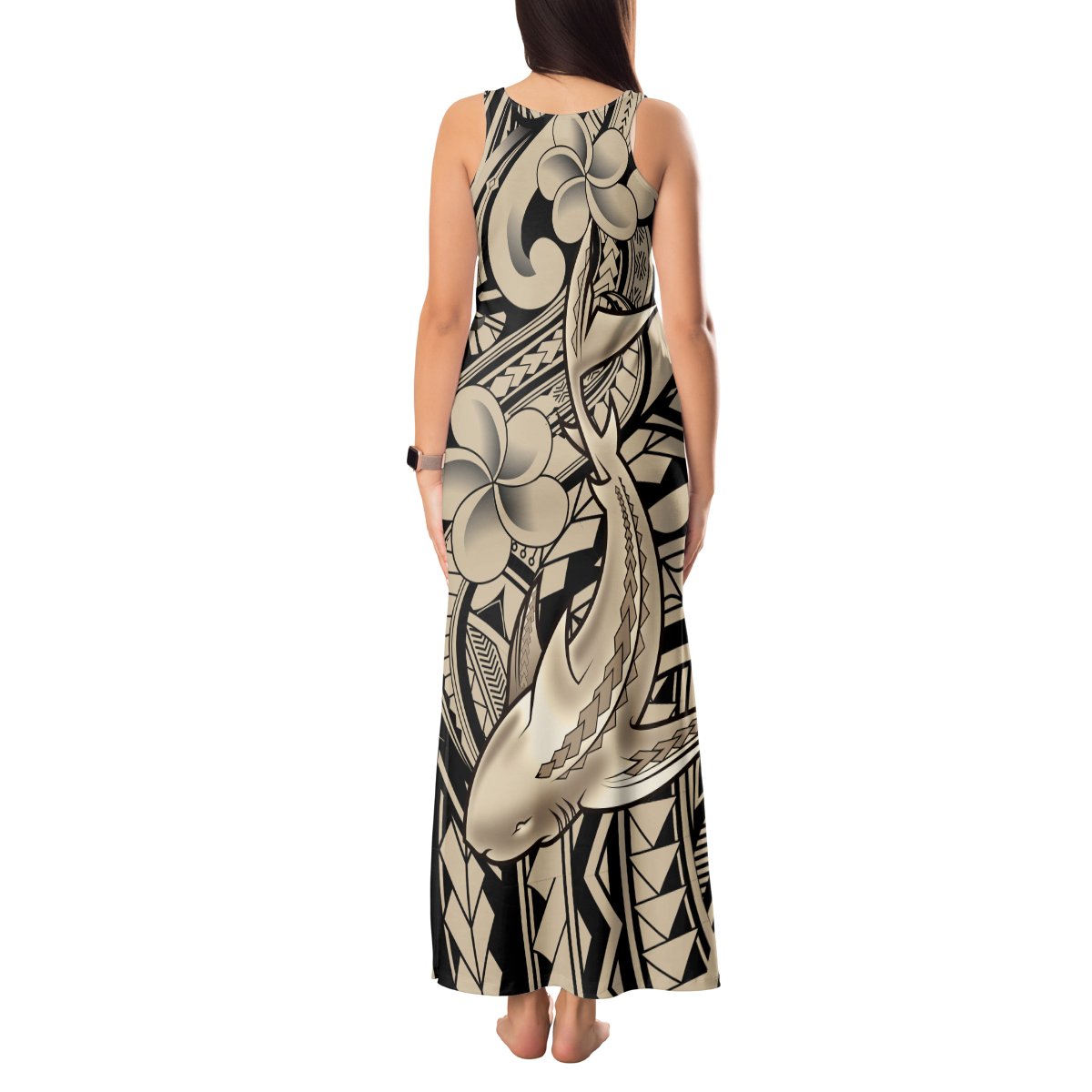 Polynesian Shark Tribal Tattoo Tank Maxi Dress Beige Style LT9 - Polynesian Pride