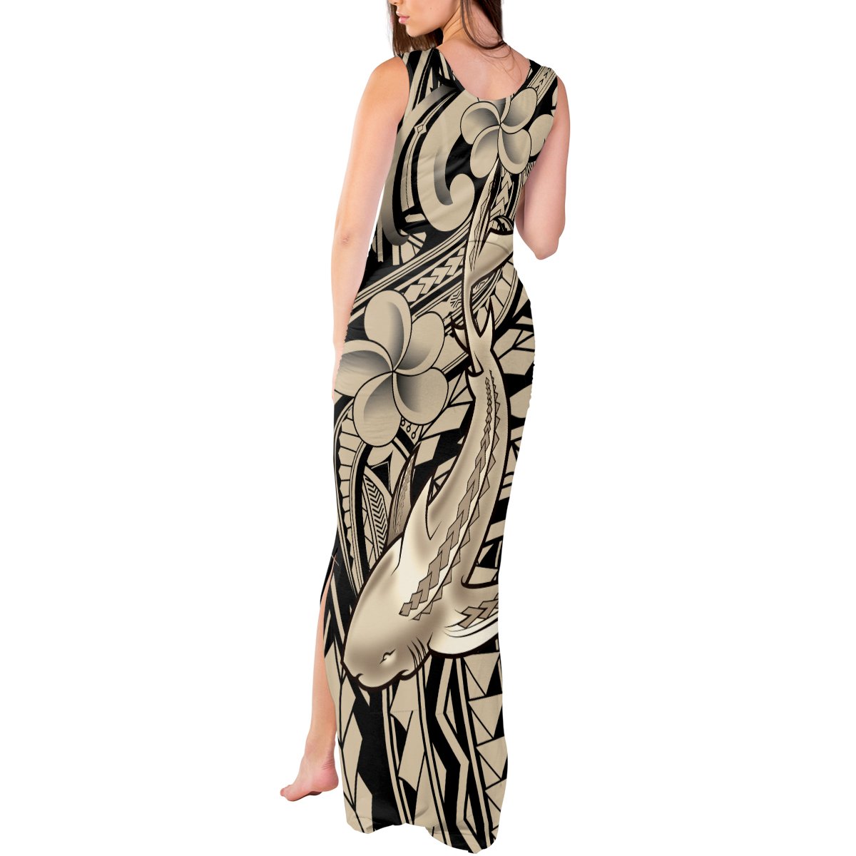 Polynesian Shark Tribal Tattoo Tank Maxi Dress Beige Style LT9 - Polynesian Pride