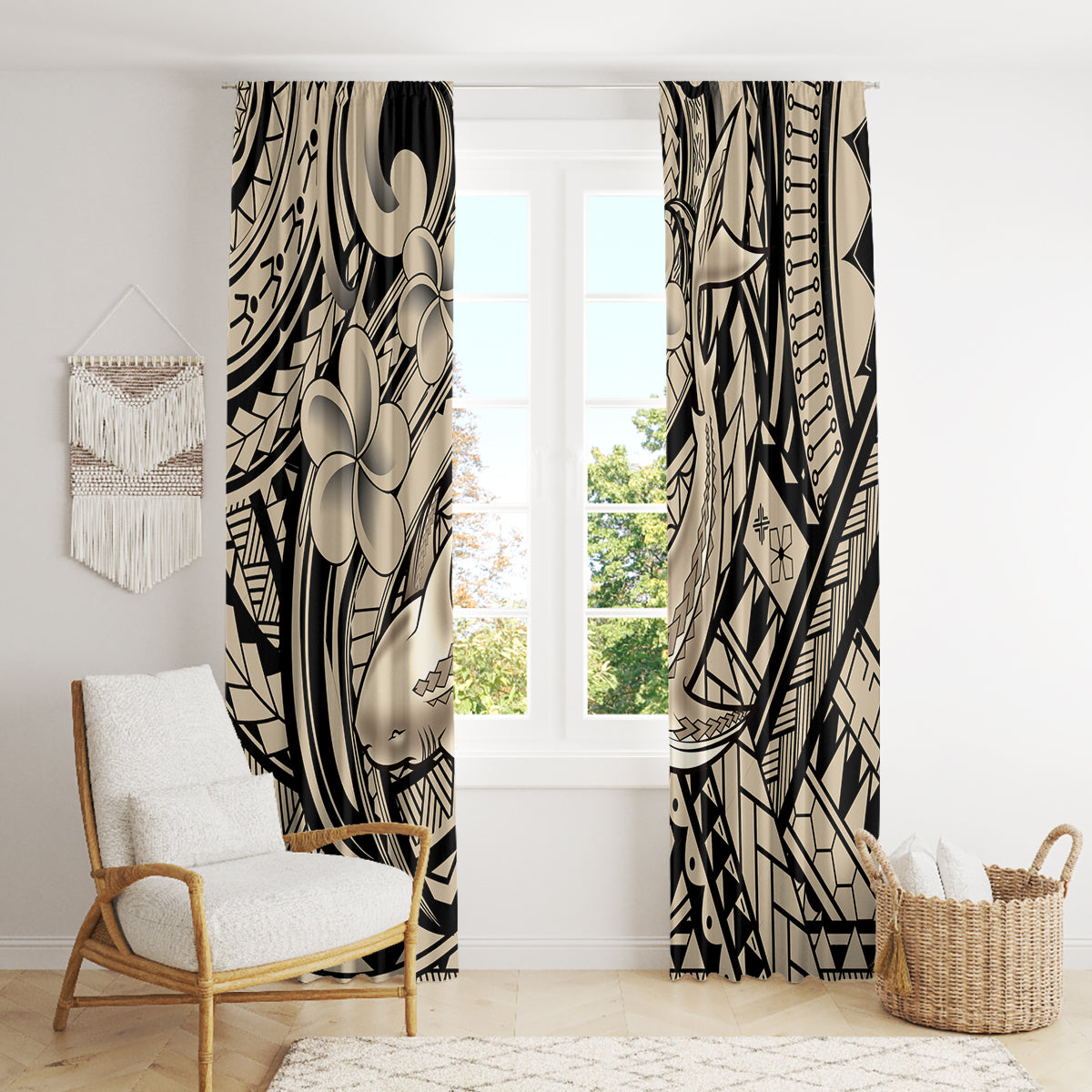 Polynesian Shark Tribal Tattoo Window Curtain Beige Style LT9 - Polynesian Pride