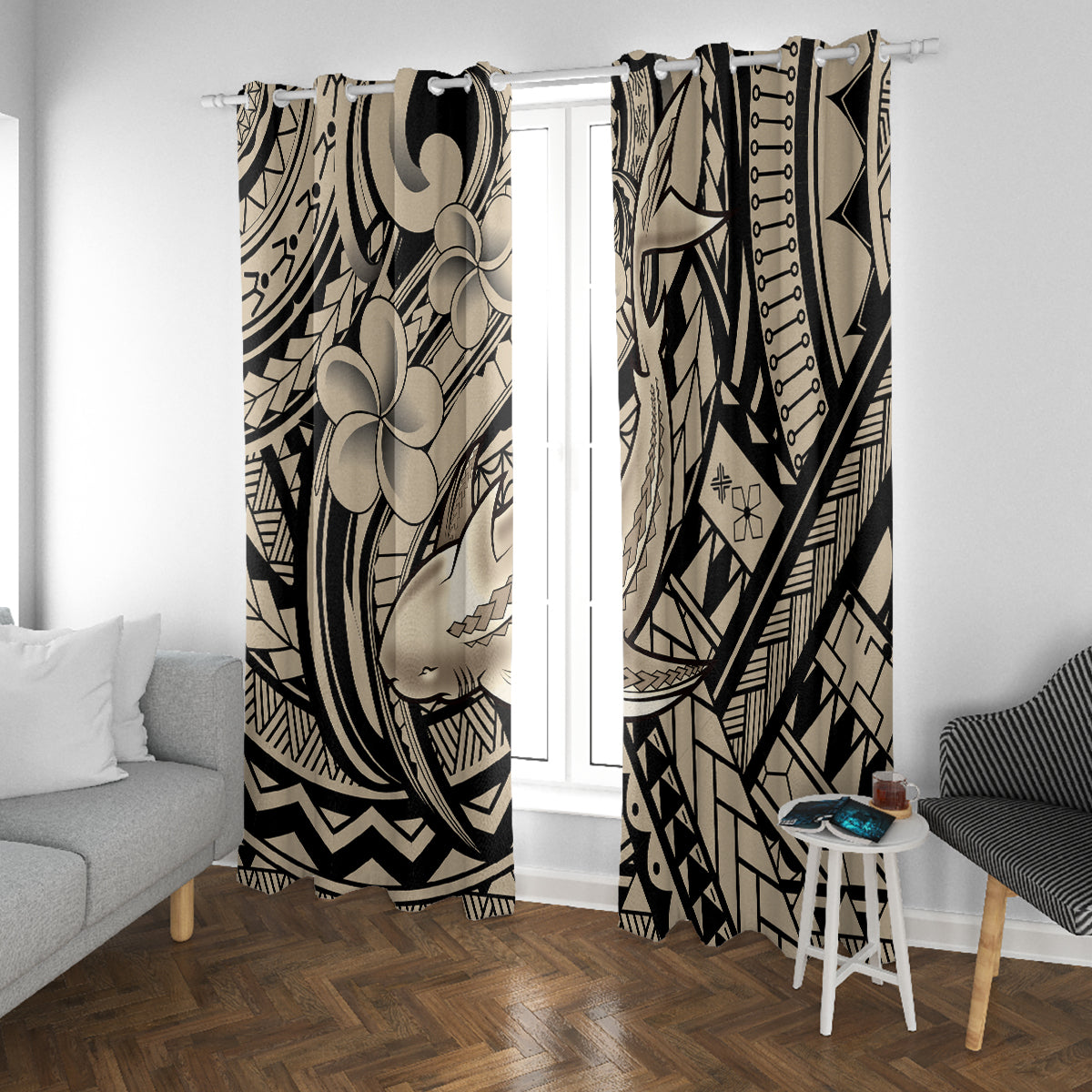 Polynesian Shark Tribal Tattoo Window Curtain Beige Style LT9 With Grommets Beige - Polynesian Pride