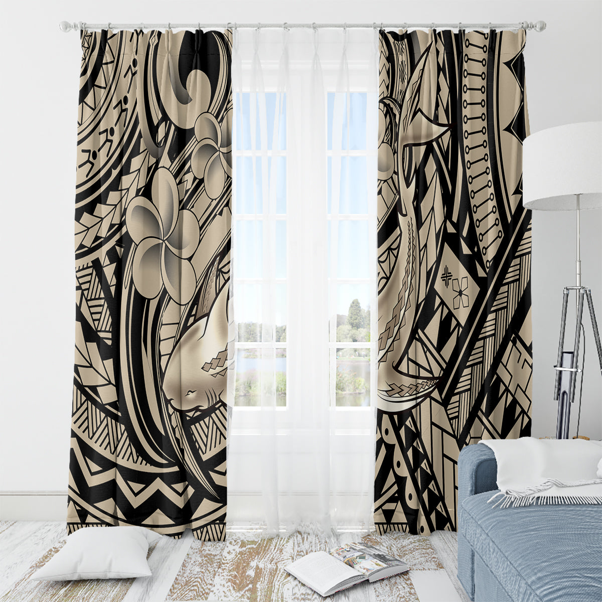 Polynesian Shark Tribal Tattoo Window Curtain Beige Style LT9 - Polynesian Pride