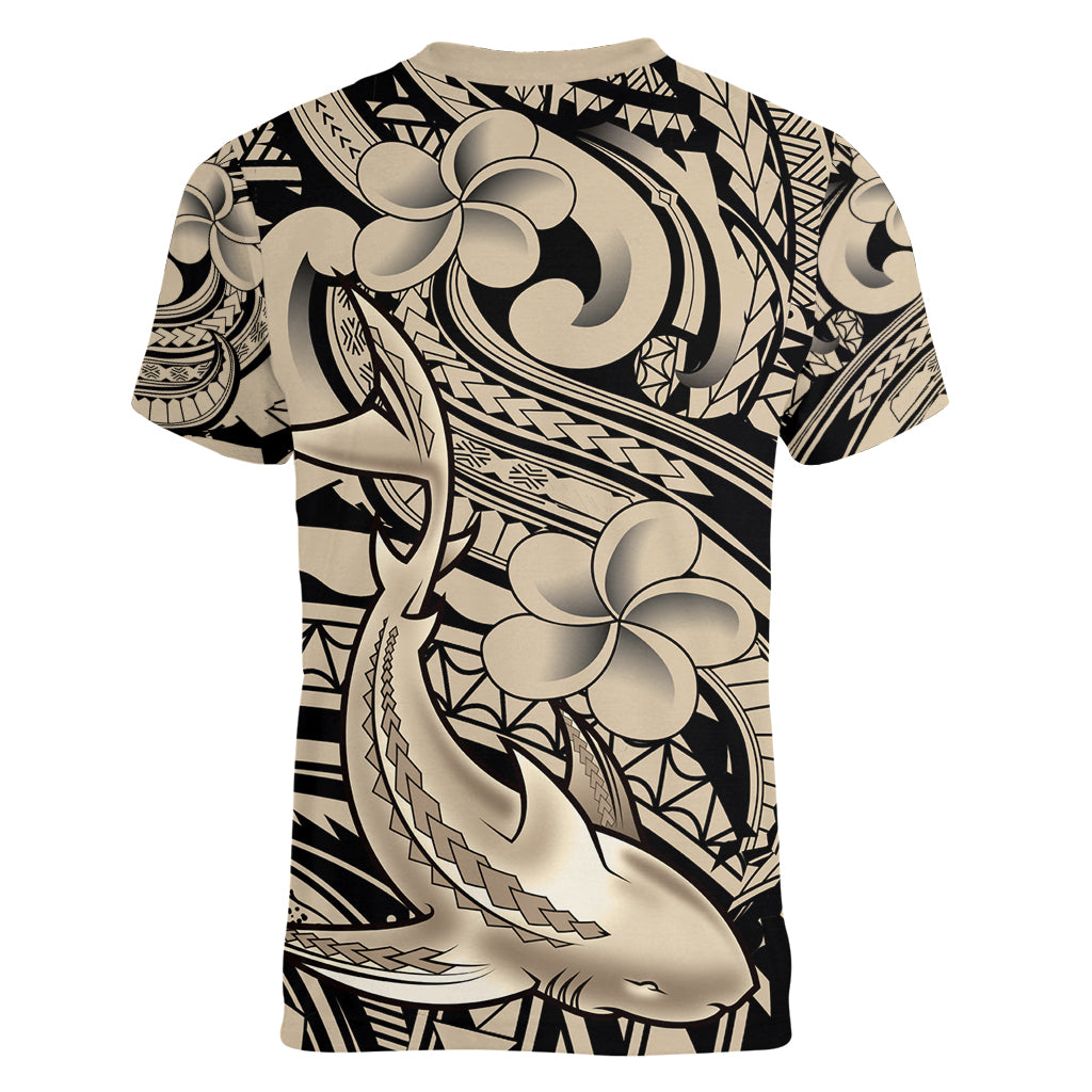 Polynesian Shark Tribal Tattoo Women V Neck T Shirt Beige Style